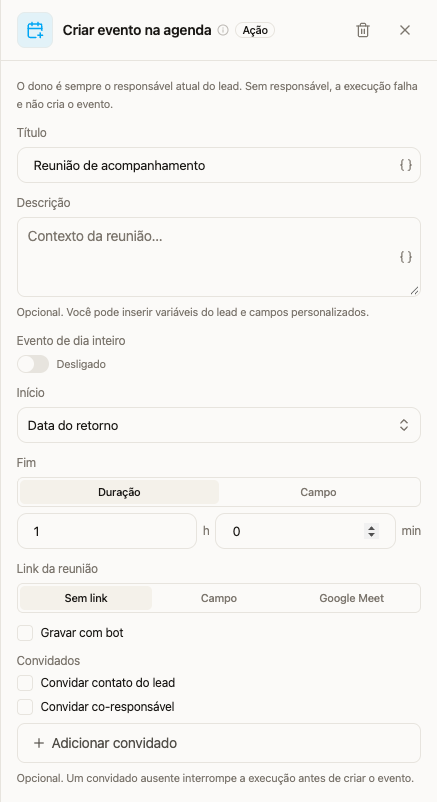 Ação Criar evento na agenda com título, campo de início, duração e convidados