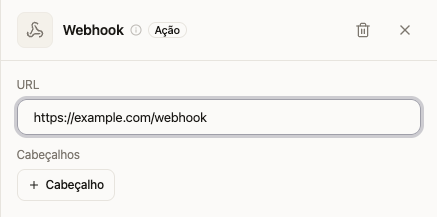 Ação Webhook com URL de exemplo e seção de cabeçalhos