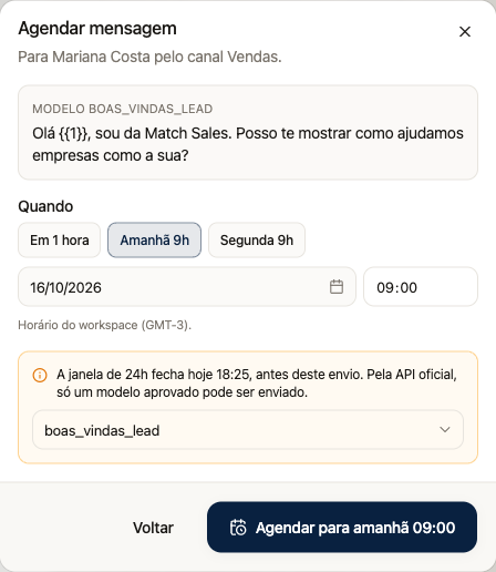 Agendamento de mensagem com data, fuso e seleção de modelo para a janela fechada