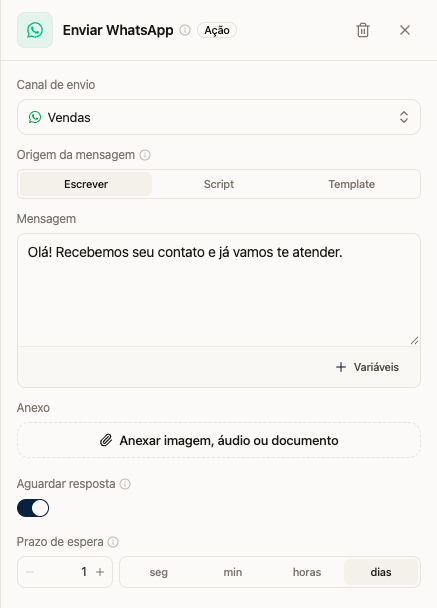 Configuração do envio pelo canal Vendas com mensagem e espera pela resposta
