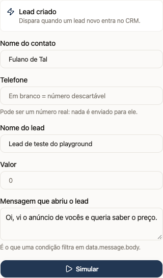 Cenário do Playground com os dados do contato, lead e mensagem para simulação
