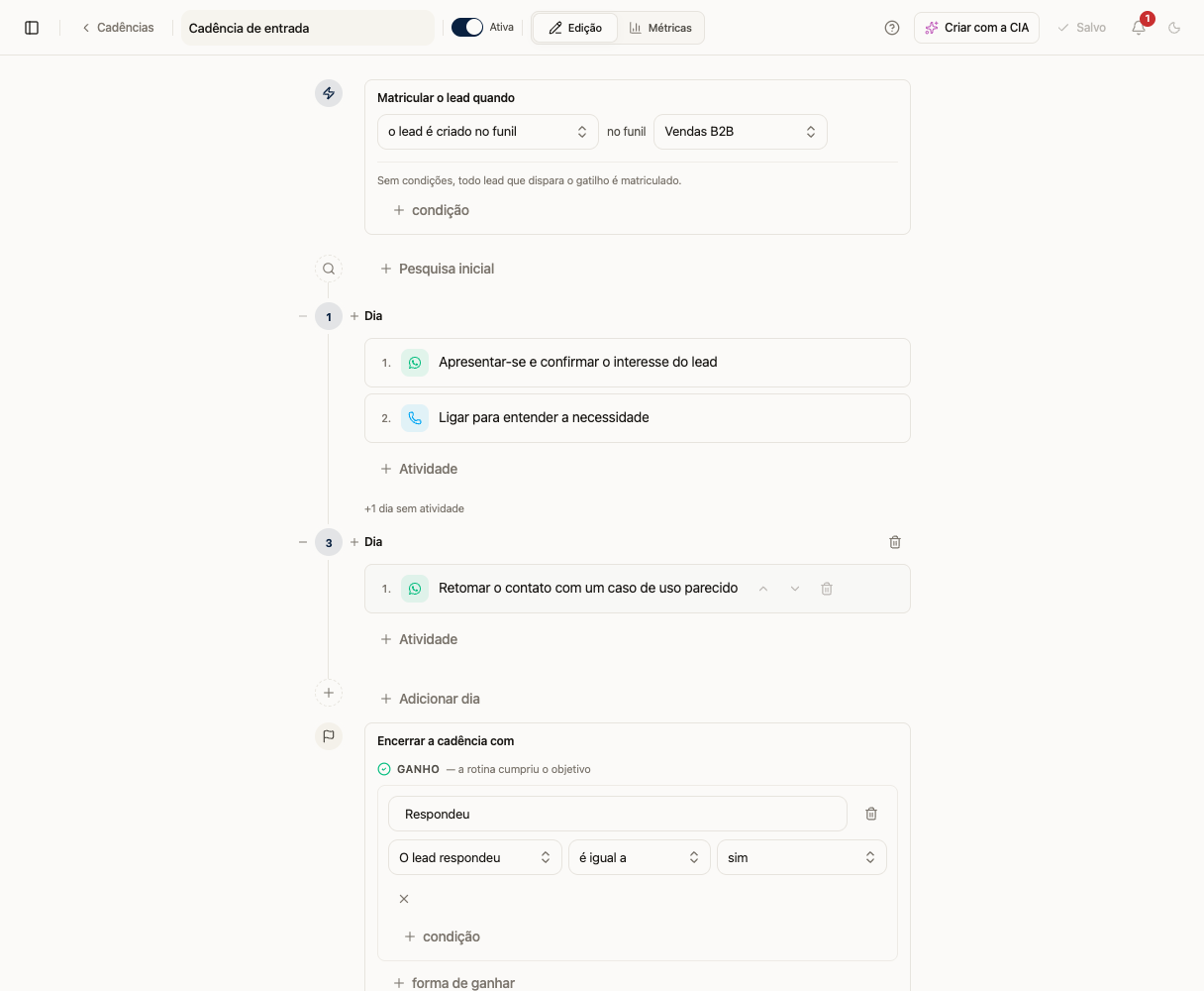 Editor de cadência com entrada, dias, atividades e regras de encerramento
