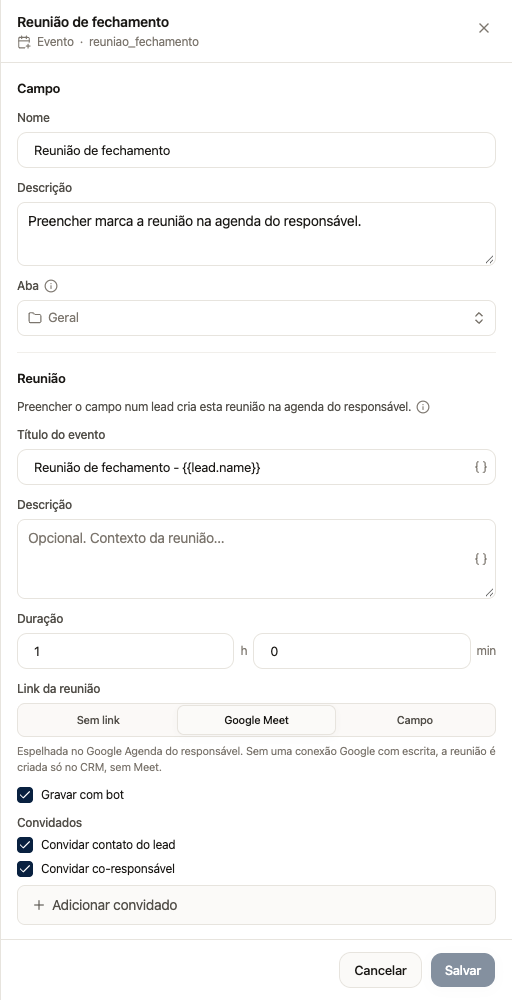 Configuração de campo Evento com modelo da reunião, duração e convidados