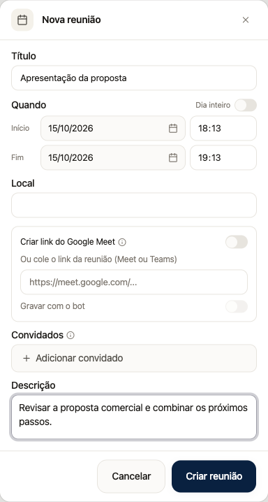 Formulário Nova reunião com data, hora, conferência, convidados e descrição
