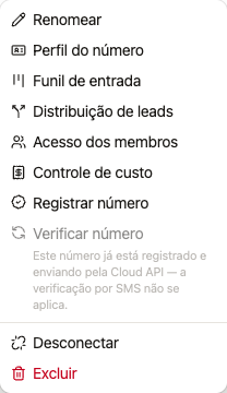 Menu do canal com configuração, registro, verificação, desconexão e exclusão