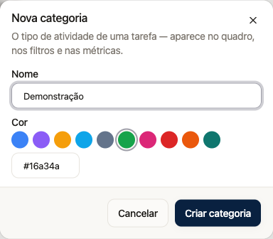 Cadastro de categoria de tarefa com nome e cor