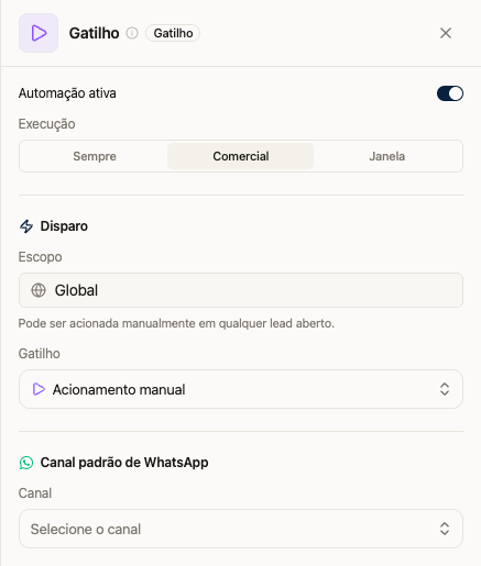 Painel do gatilho Acionamento manual com escopo global