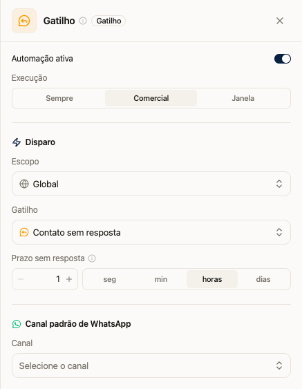 Painel do gatilho Contato sem resposta com configuração do prazo