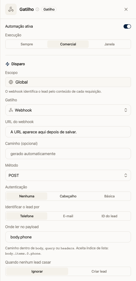 Gatilho Webhook com método POST, identificação por telefone e caminho do payload