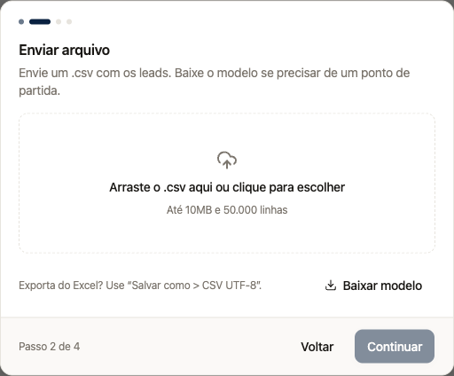 Envio do CSV com limites de tamanho e linhas e opção Baixar modelo