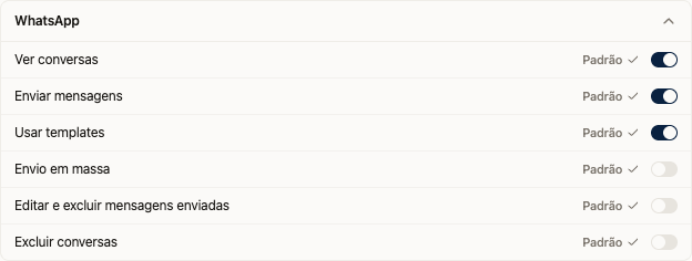 Permissões individuais para ver conversas, enviar mensagens e usar templates