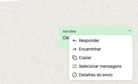 Menu da mensagem com Responder, Encaminhar, Copiar, Selecionar mensagens e Detalhes do envio