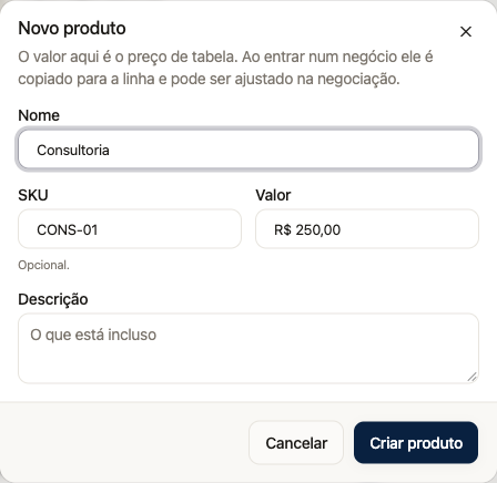 Novo produto com nome, SKU, valor e descrição antes de confirmar o cadastro