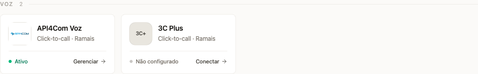 Integrações de voz disponíveis com API4Com e 3C Plus