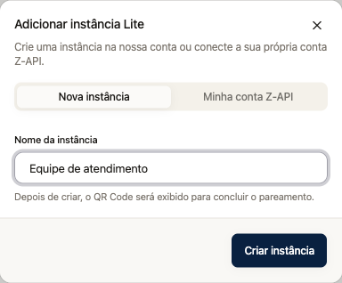 Criação de uma instância Lite com nome e indicação do pareamento por QR Code