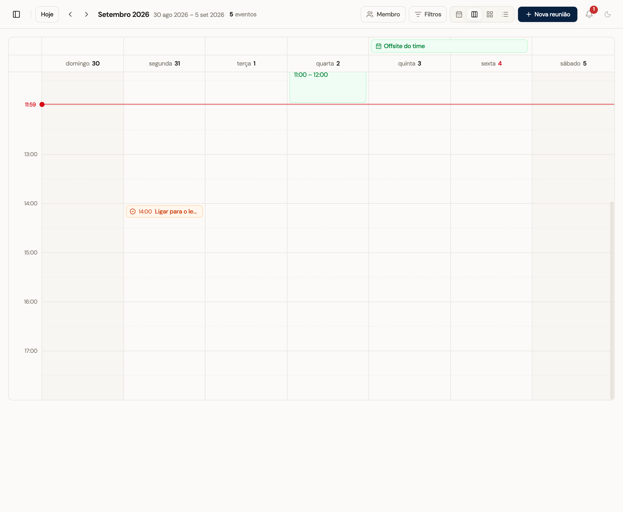 Calendário semanal do PipeFácil com reuniões e tarefas agendadas
