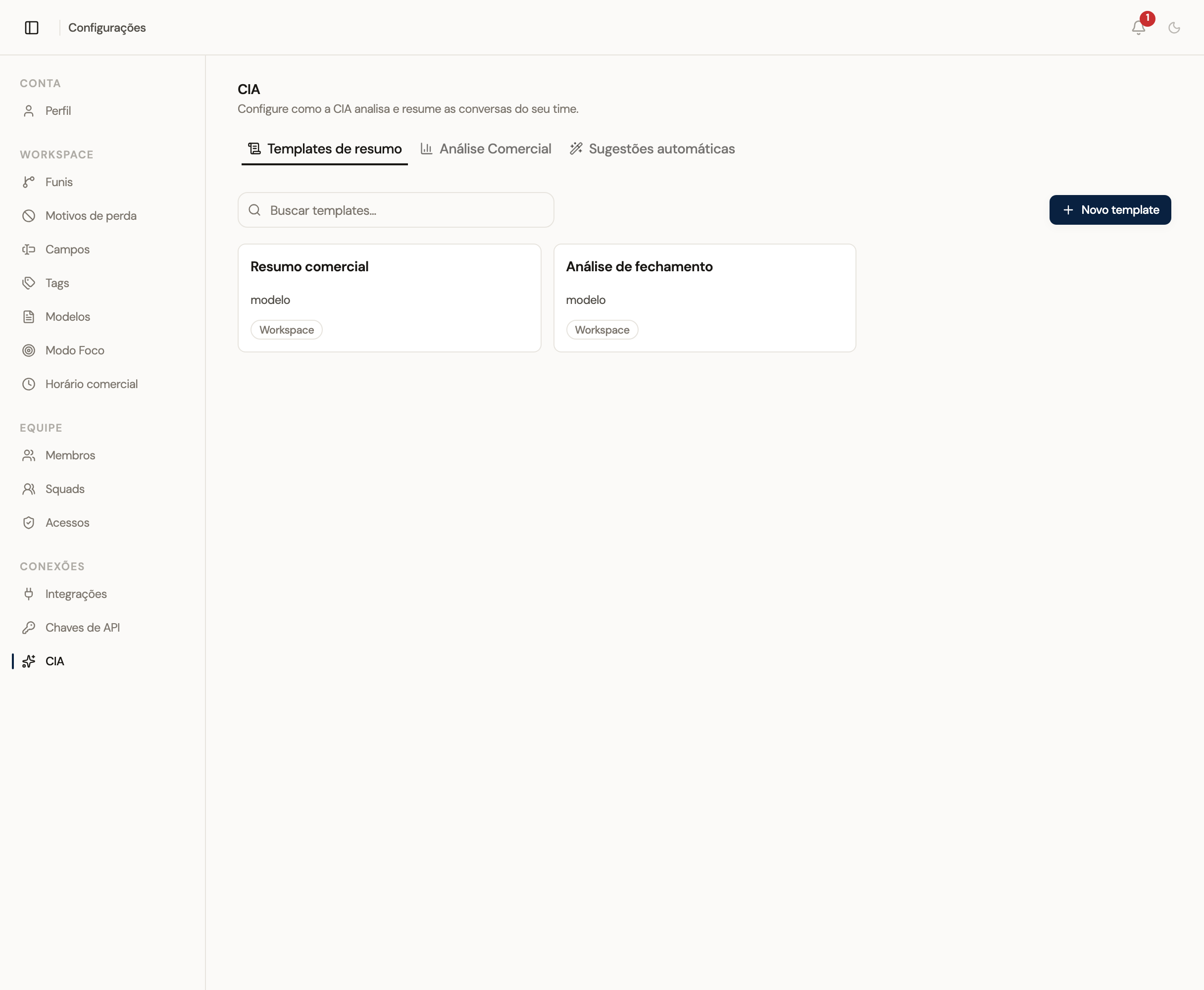 Configuração da CIA com templates de resumo e análise de fechamento