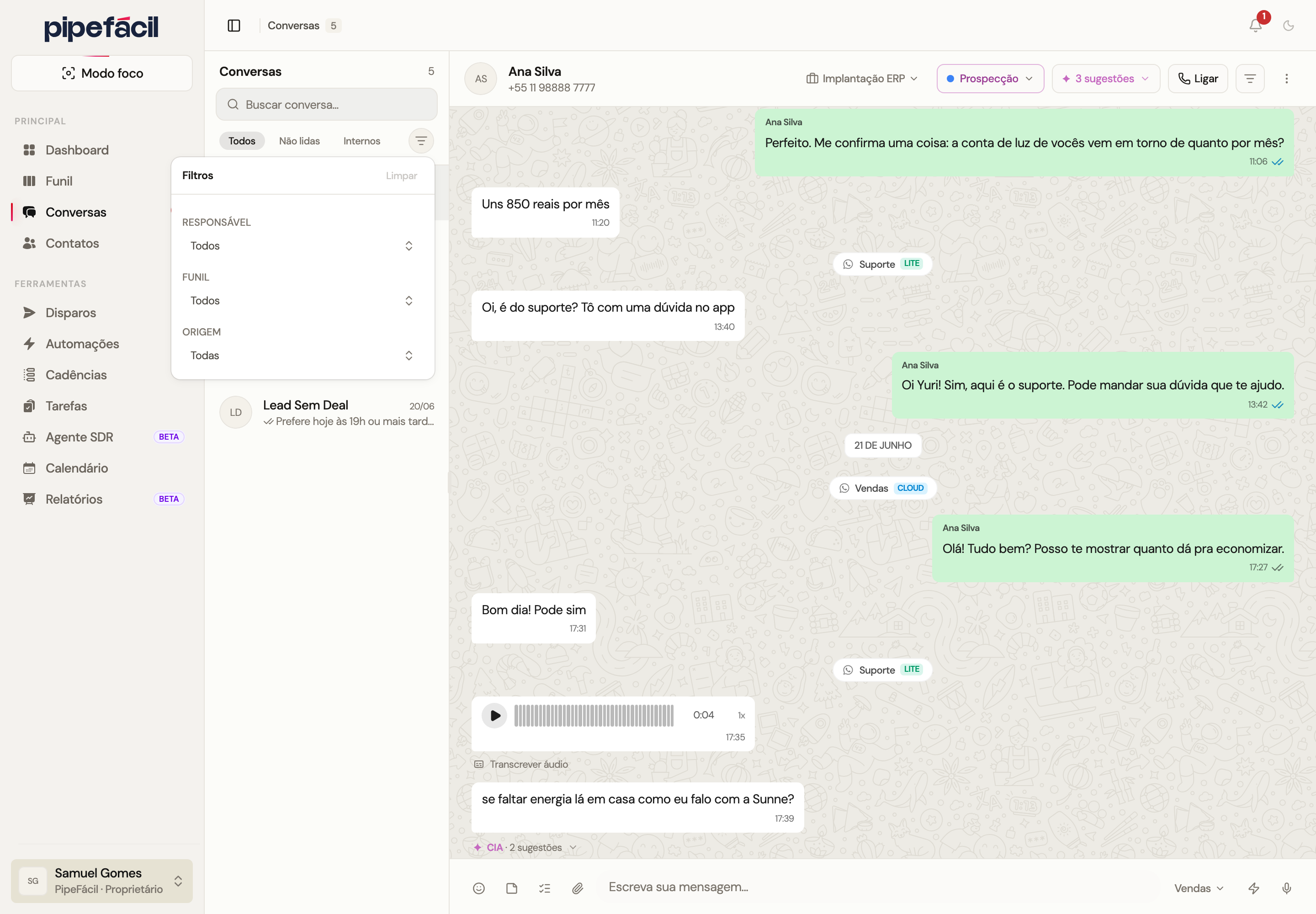 Inbox de conversas com o popover de filtros por responsável, funil e origem