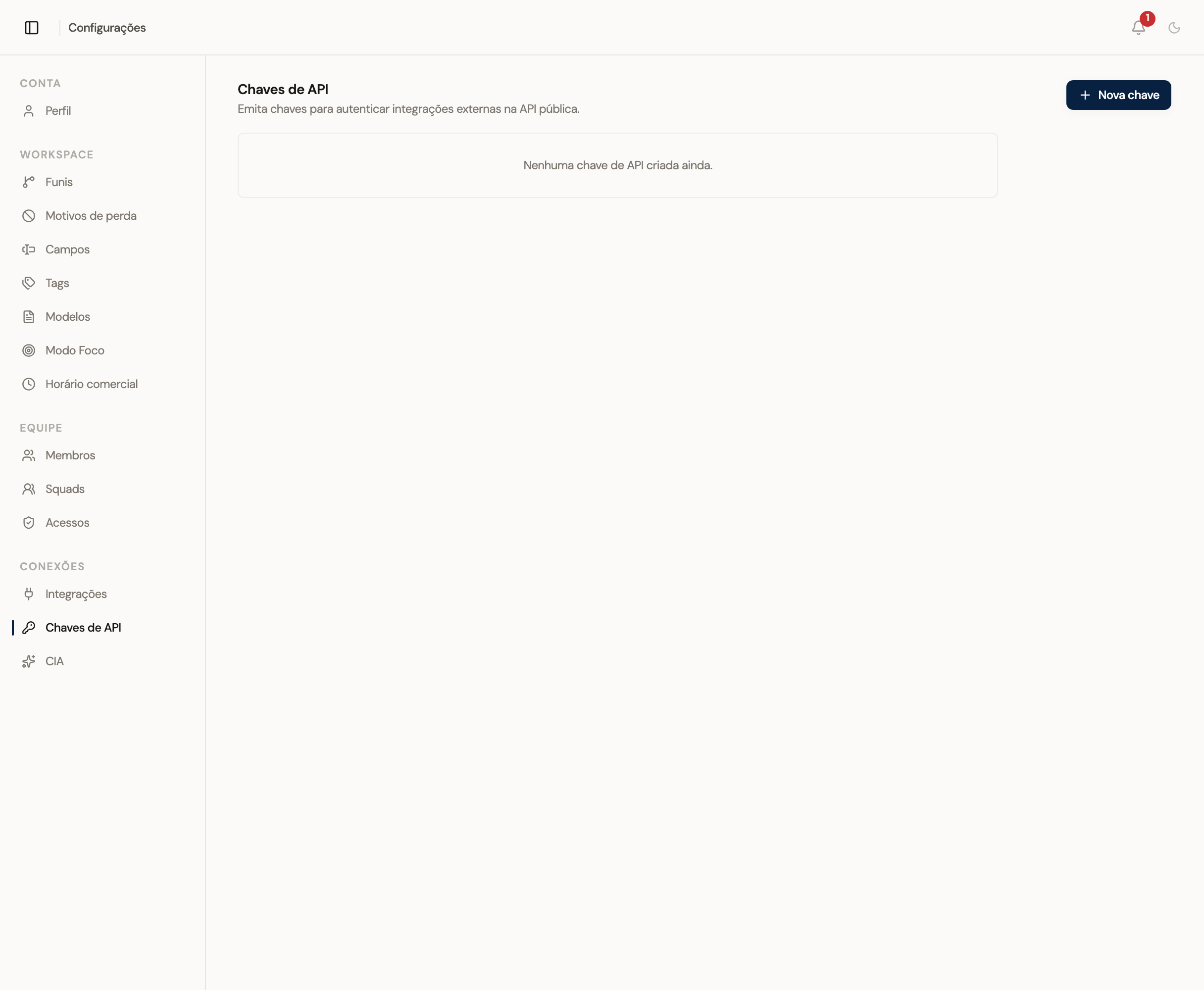 Área de Chaves de API sem tokens emitidos no workspace