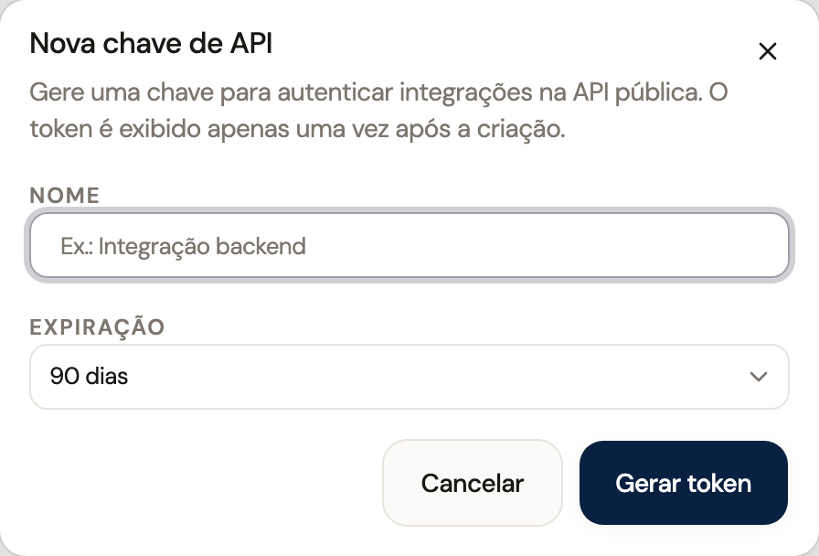 Diálogo Nova chave de API com nome e prazo de expiração
