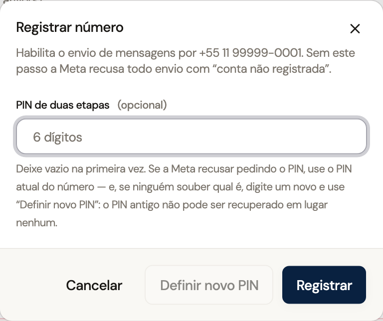 Diálogo Registrar número com PIN de duas etapas opcional e ações de registro