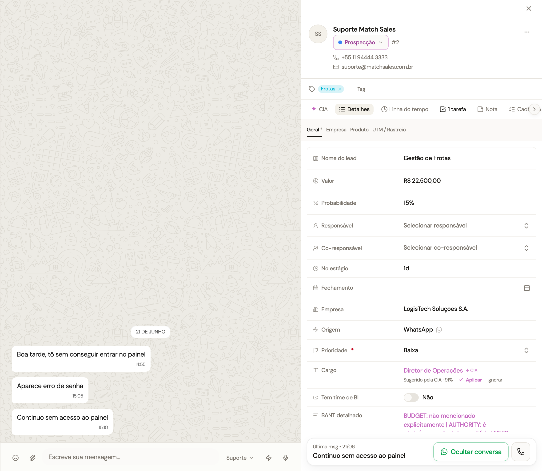 Painel de detalhes de um lead com etapa, dados comerciais, tags e campos personalizados