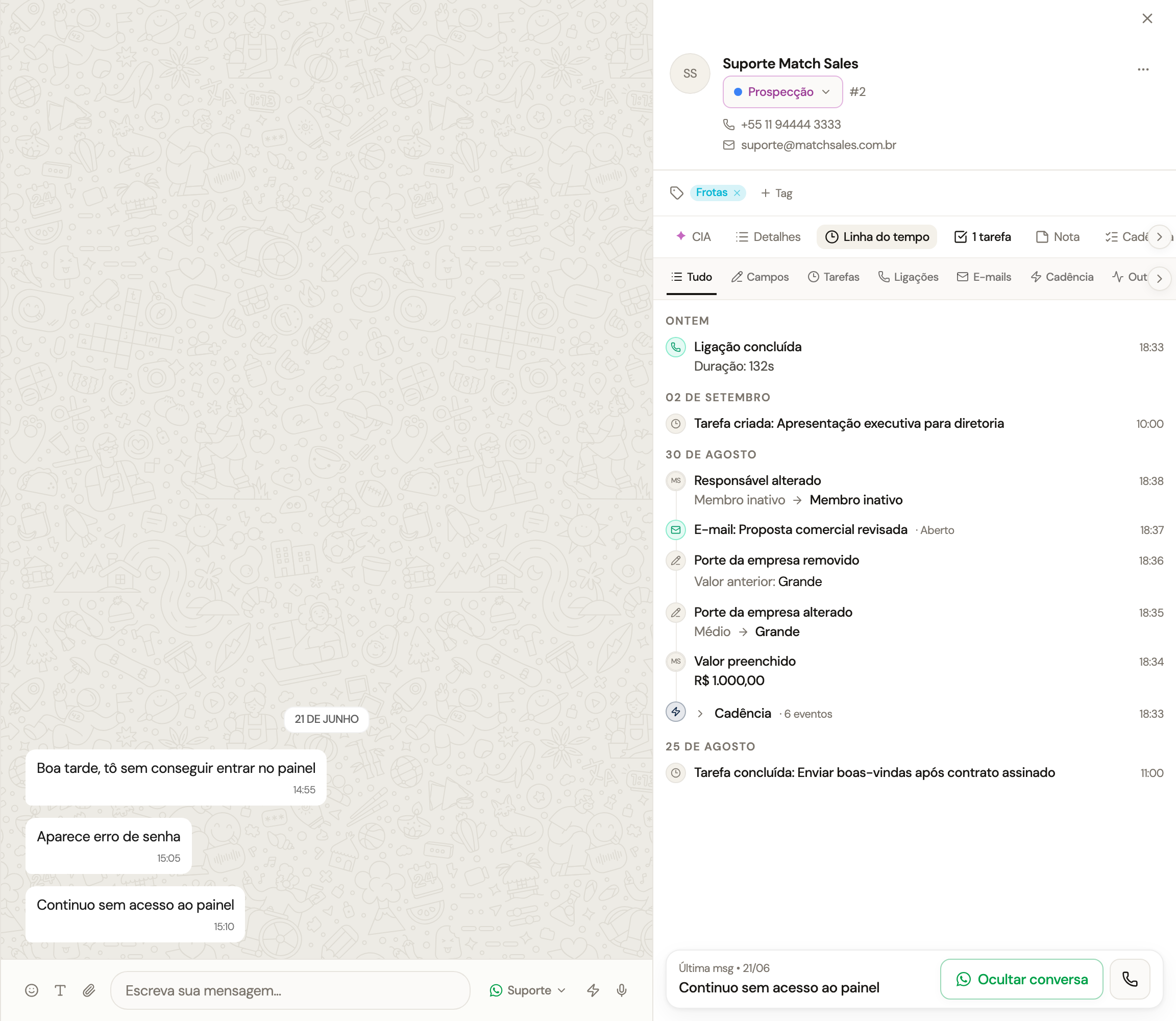 Linha do tempo de um lead com evento de troca de responsável e valores anterior e atual